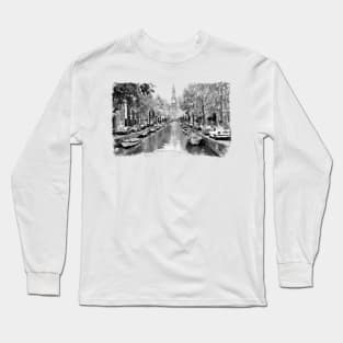 Black and White Watercolor Painting - Groenburgwal - Amsterdam Canal Long Sleeve T-Shirt